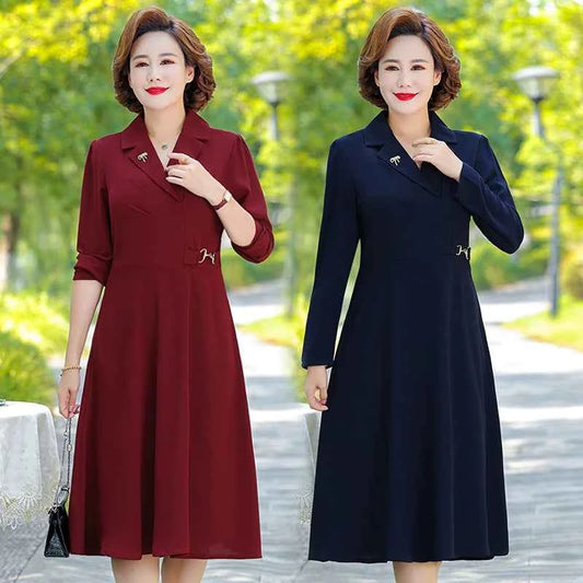 Middle-Aged over-the-Knee 50-Year-Old Elegant Long Sleeve Skirt Spring and Autumn Clothing
