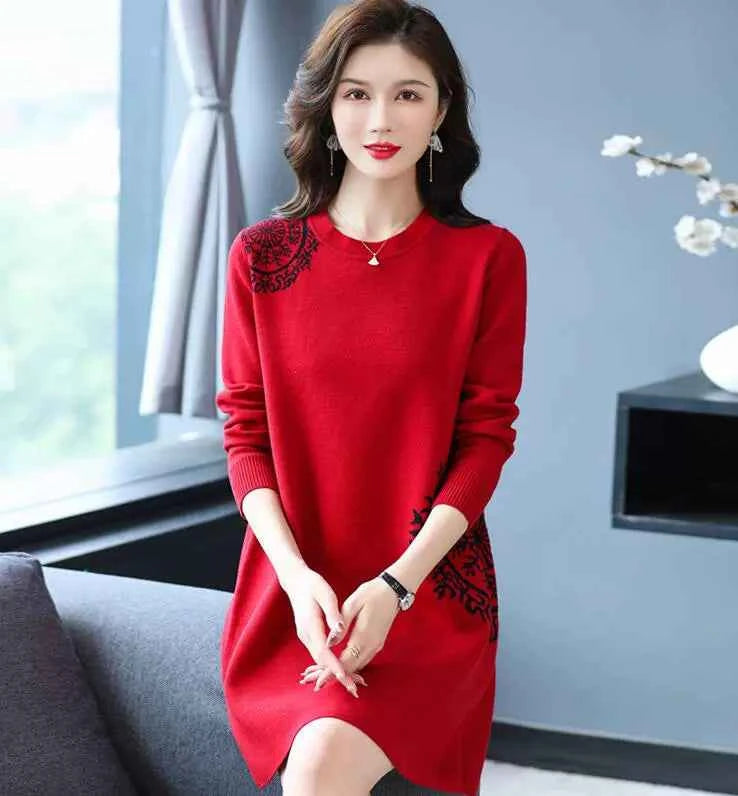 Chubby Mother Trendy Tummy Hiding Autumn and Winter Sweater