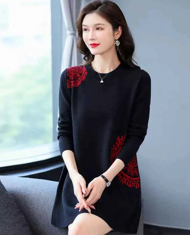 Chubby Mother Trendy Tummy Hiding Autumn and Winter Sweater