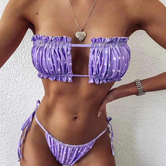 Sexy Solid Bikini 2025 Women Pleated Bandeau Swimsuit Female